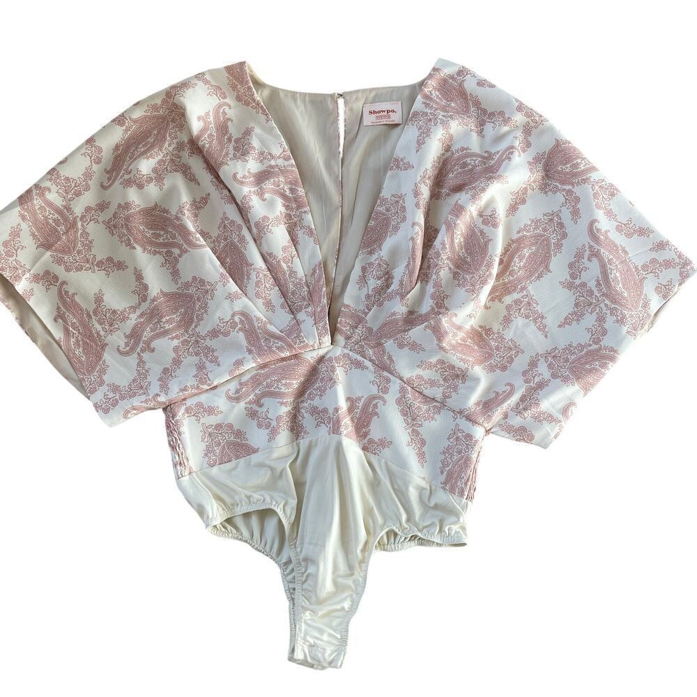 Showpo Size 8 Bodysuit Blouse | Pink Paisley, Plunge Neck, Kimono, Coquette EUC